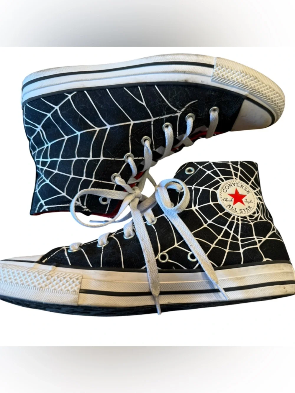 Converse Black High Top Sneakers White Spiderweb and Red Accents Mens 7 - Picture 5 of 8